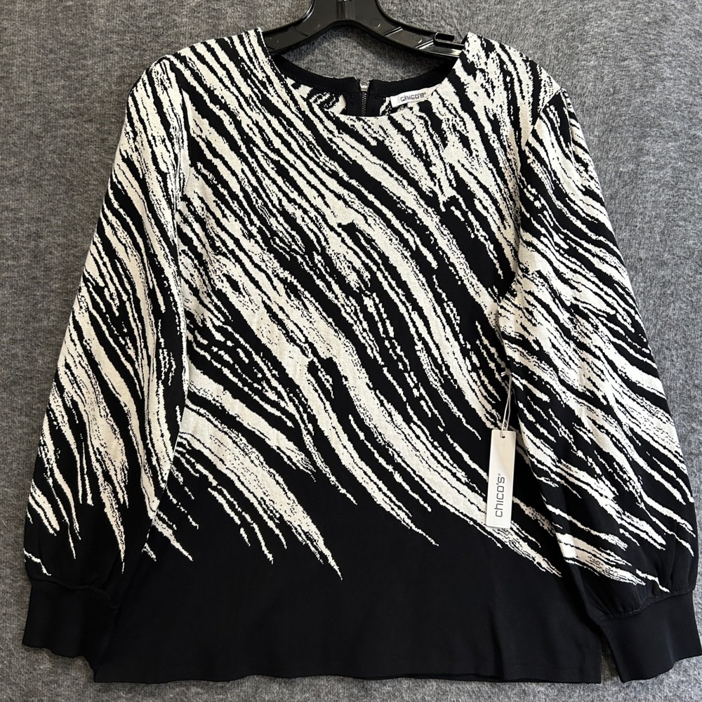 NEW Chicos Sweater Women 3 XL Black White Abstract Zebra Print Zip Back Knit Top
